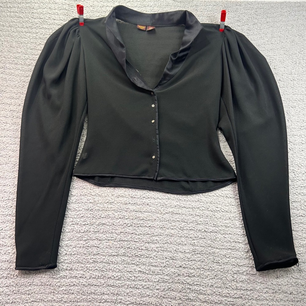 Anne Klein Puff Sleeve Blouse Satin Collar Black Vintage 80 90 Dark Academia S/M